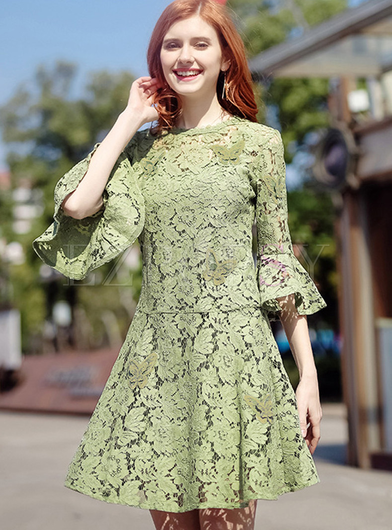Hollow Out Flare Sleeve Lace A-line Dress With Underskirt