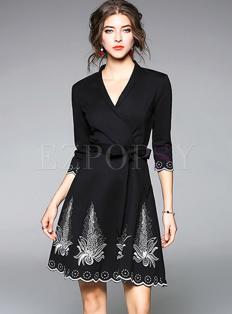 Dresses | Skater Dresses | Black Embroidered V-neck Belted A-line Dress