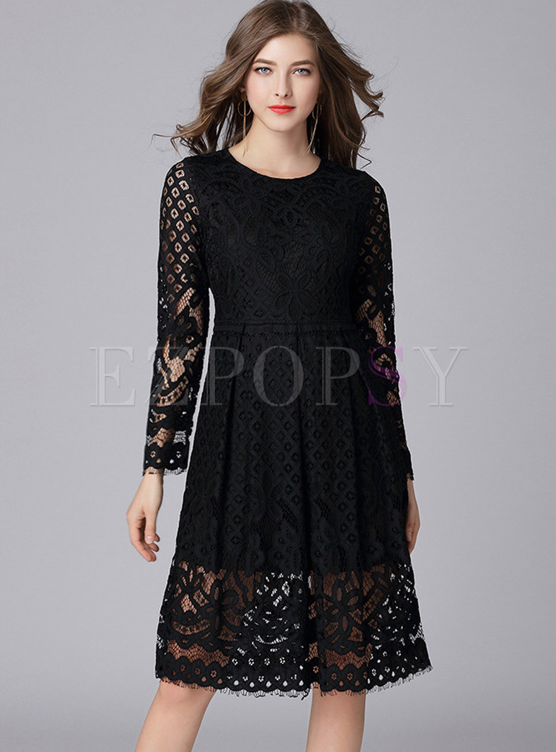 Black Lace Long Sleeve Skater Dress