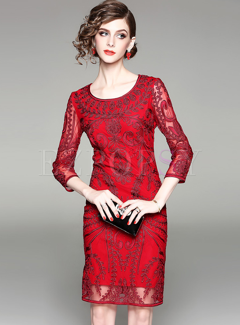 Red Embroidery Perspective Sheath Dress