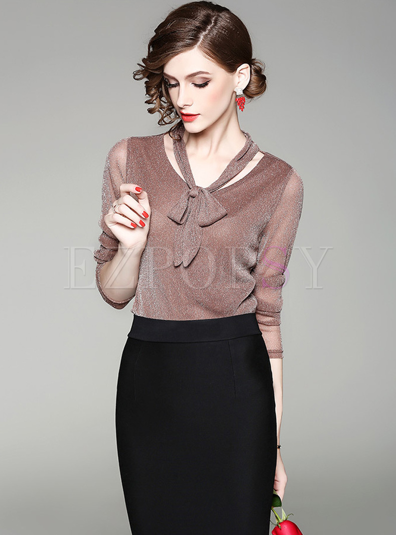 Brown Chic Tied-collar Slim Top