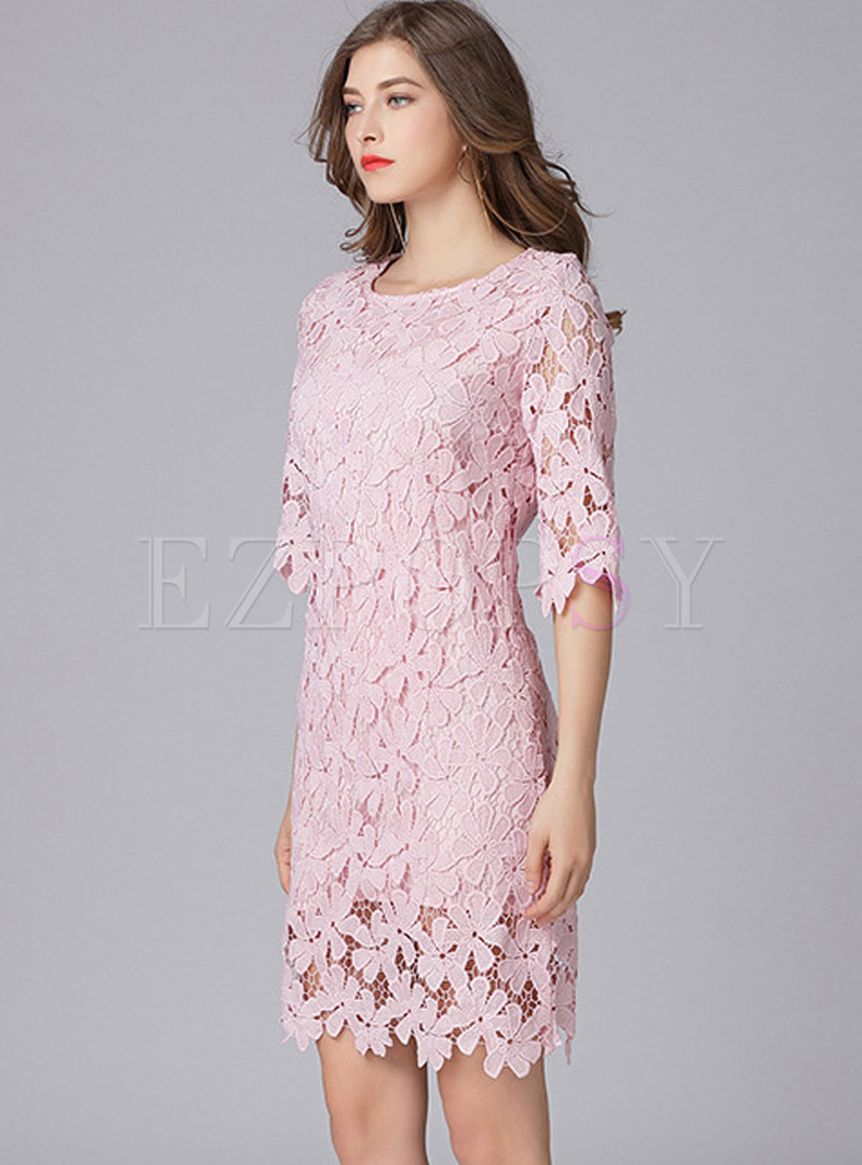 Dresses | Shift Dresses | Pink Half Sleeve Lace Shift Dress