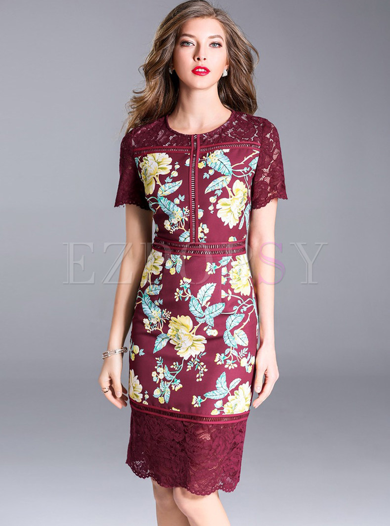 Dresses | Bodycon Dresses | Wine Red Embroidered Splicing Bodycon Dress