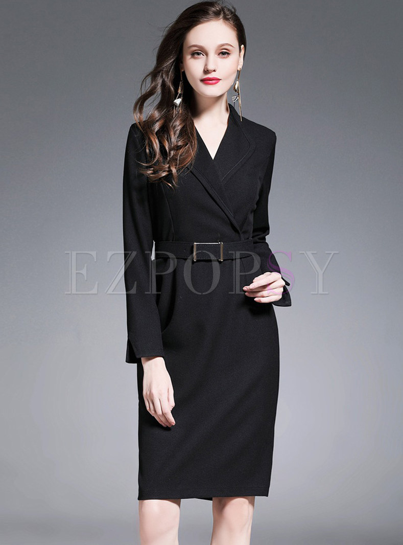 Black Notched Neck Belted Bodycon Dress