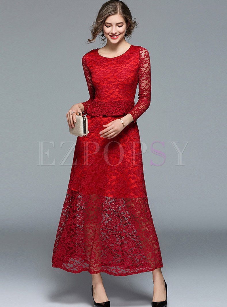 Dresses | Maxi Dresses | Wine Red Lace Splicing Maxi Dress