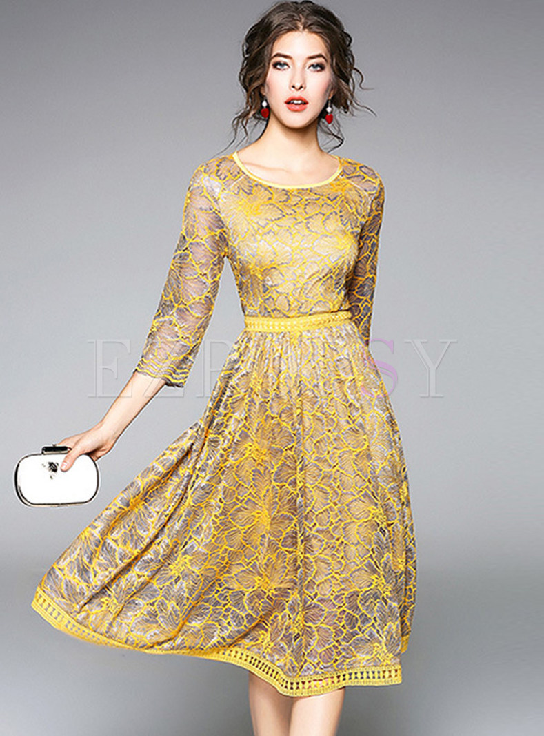 Yellow Lace Openwork Lace Skater Dress
