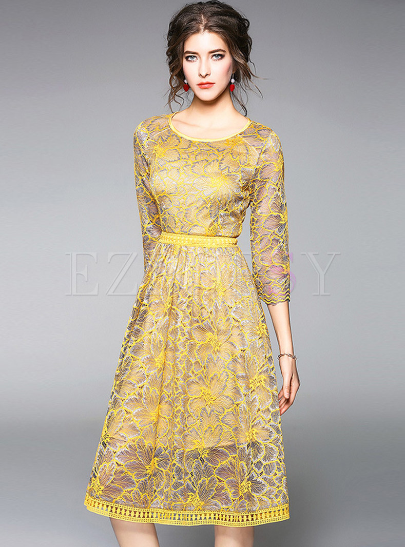 Dresses | Skater Dresses | Yellow Lace Openwork Lace Skater Dress