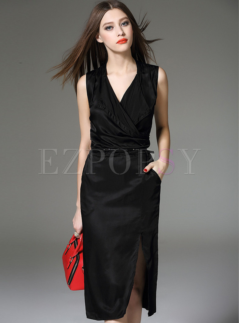 Black V-neck Sleeveless Slit Belted A-Line Dress