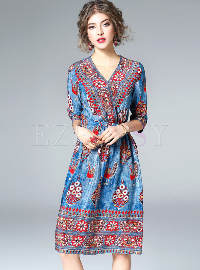 Ethnic Silk Floral Print V-neck Skater Dress