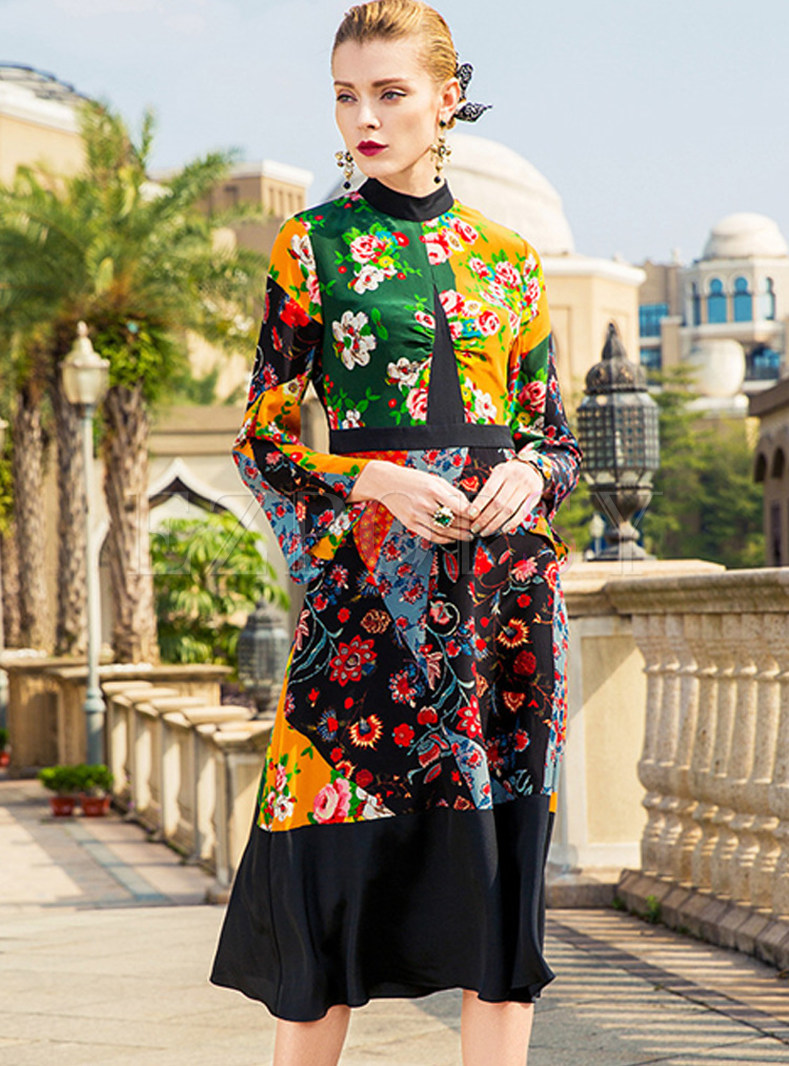 Dresses | Skater Dresses | Ethnic Silk Floral Print Hit Color Dress