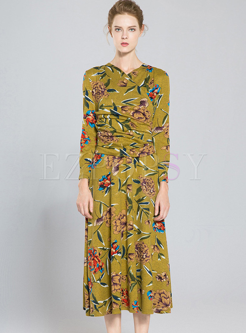Yellow Vintage V-neck Floral Print Dress