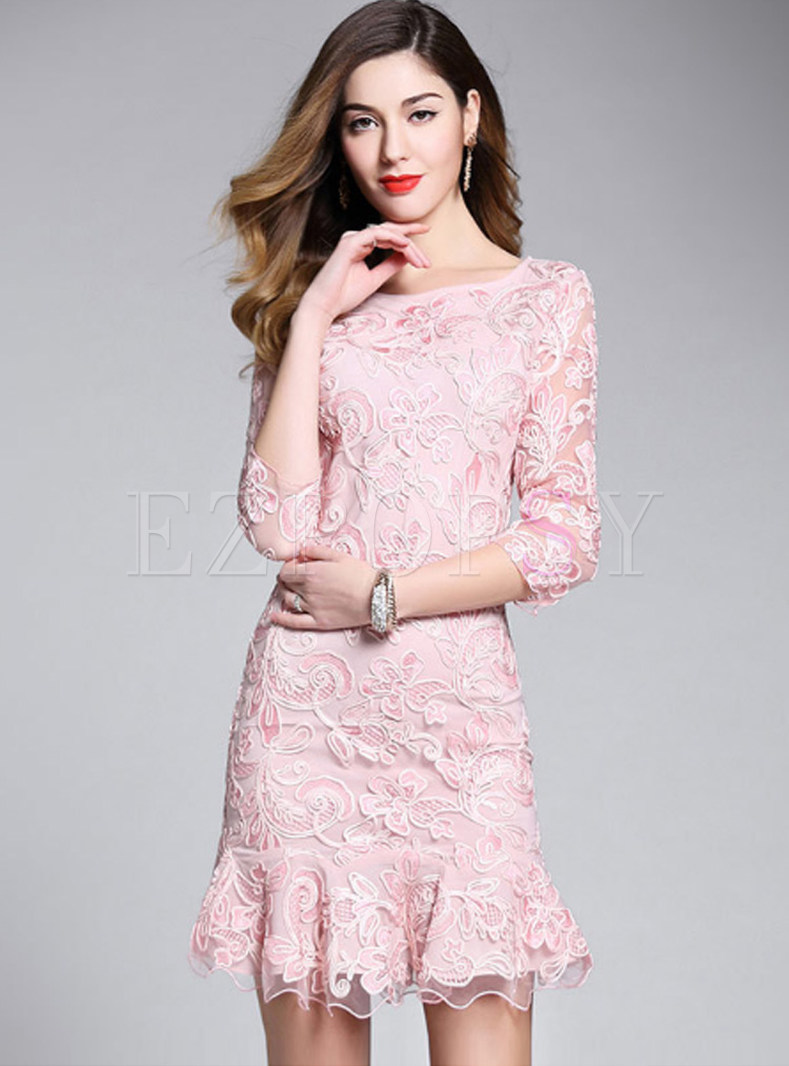 Pink Embroidered A-line Mermaid Dress