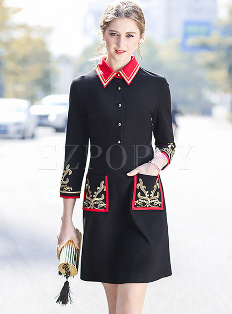 Black Turn Down Collar Embroidered A-line Dress