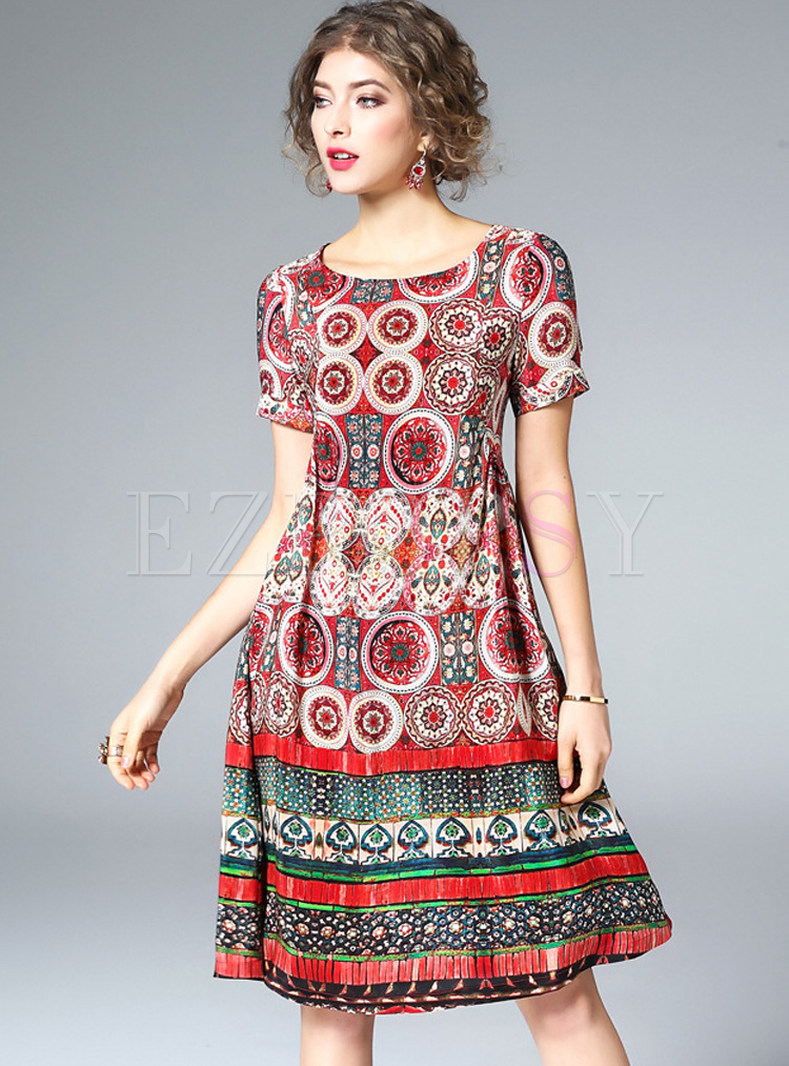 Dresses | Shift Dresses | Ethnic Print Silk Short Sleeve Shift Dress