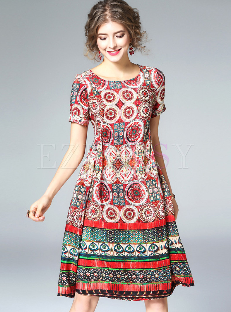 Ethnic Print Silk Short Sleeve Shift Dress