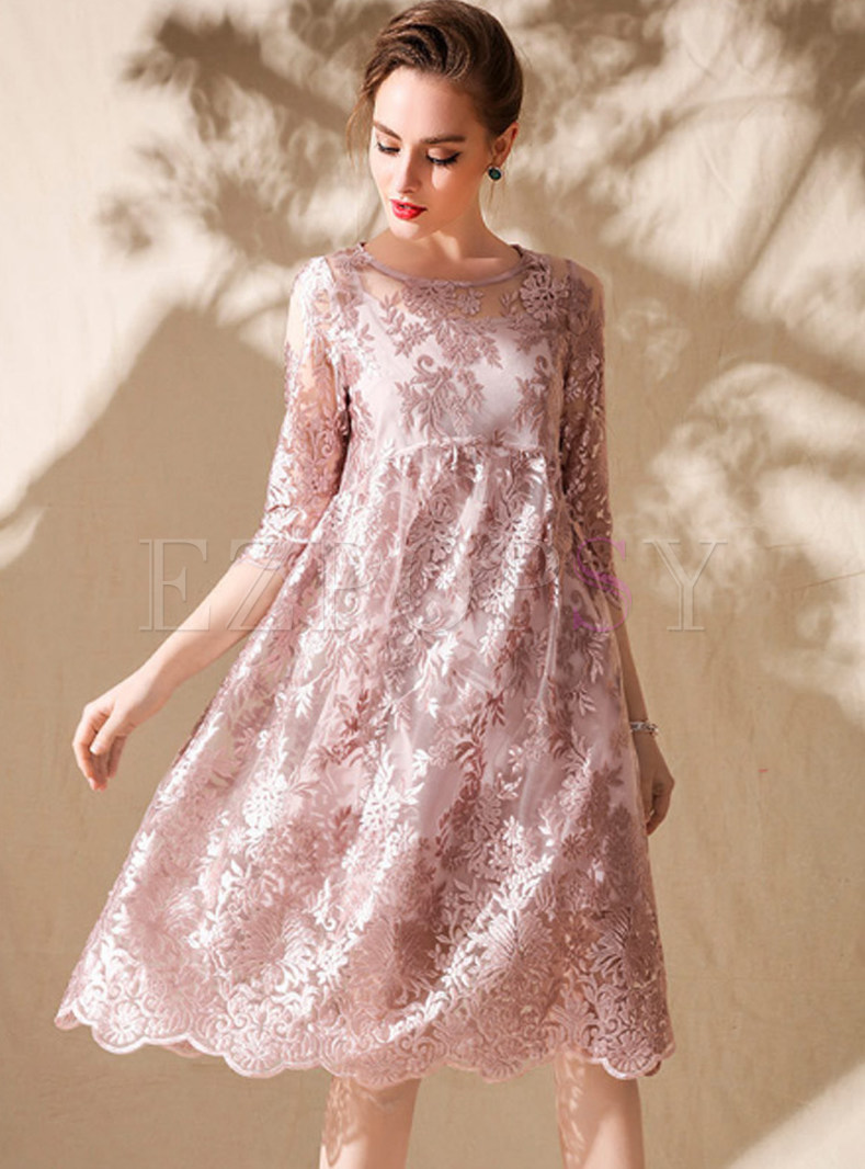 Dresses | Shift Dresses | Pink Three Quarters Sleeve Embroidered Shift ...