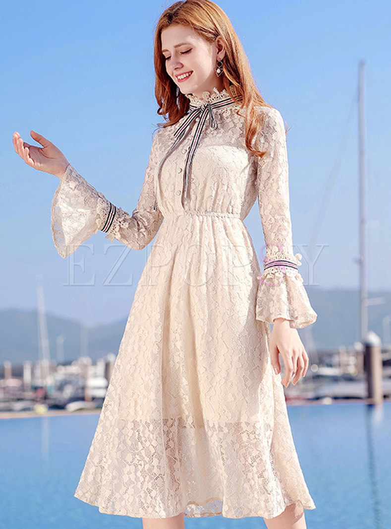 Sweet Lace Stand Collar Flare Sleeve Skater Dress