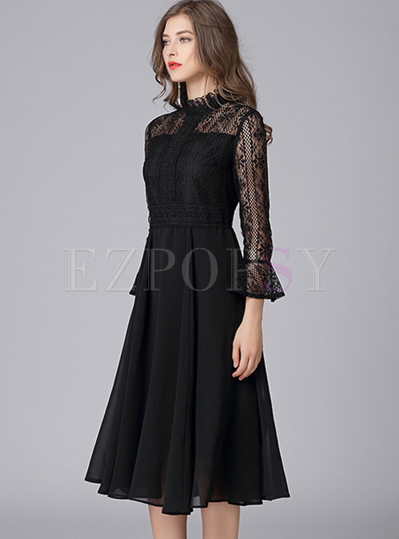 Dresses | Skater Dresses | Black Lace Openwork Patchwork Chiffon Midi Dress