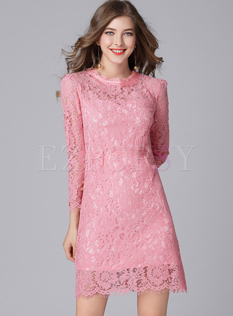 Pink Lace Hollow Out Shift Dress
