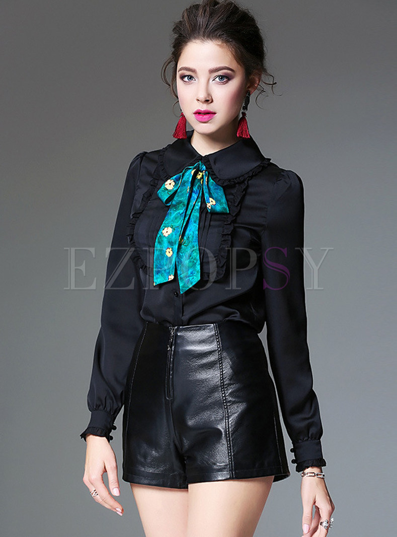 Black Bowknot Tied Turn Down Collar Blouse