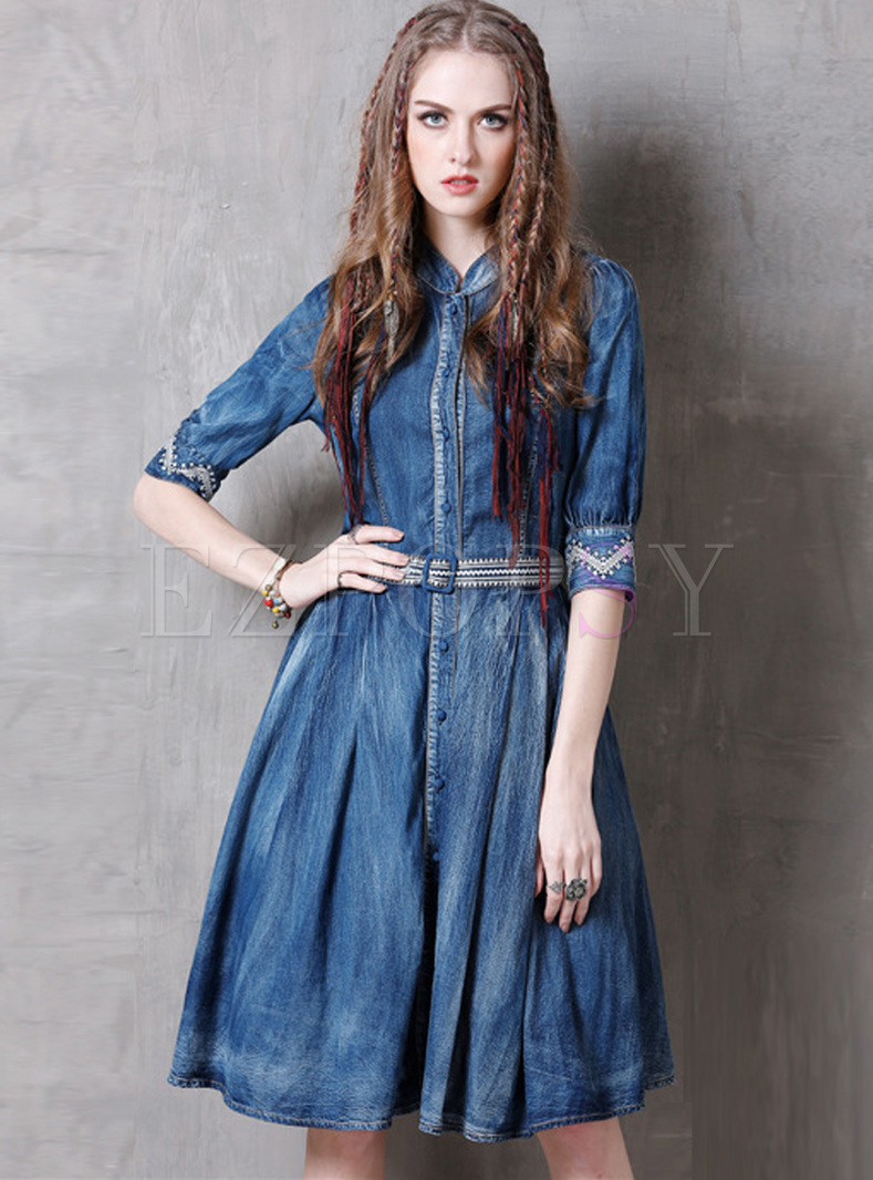 Ethnic Embroidery Stand Collar A-line Dress