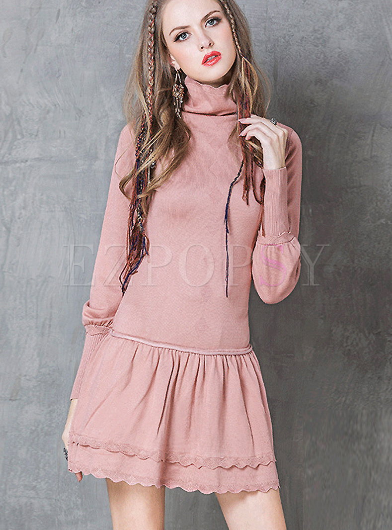 Sweet Pink Lantern Sleeve Knitted Dress