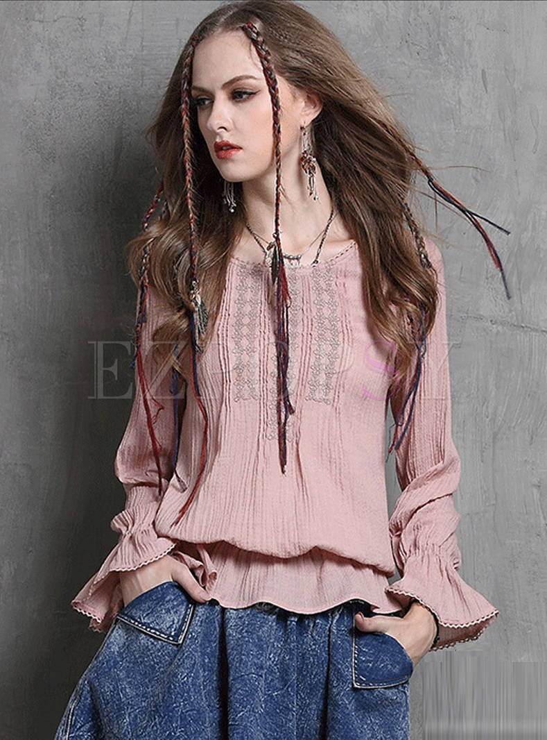 Vintage Embroidery Flare Sleeve Pullover Blouse