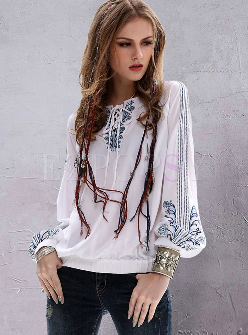 Ethnic Lantern Sleeve Embroidery Tied Blouse