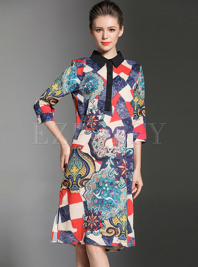 Stylish Print Lapel A-line Dress