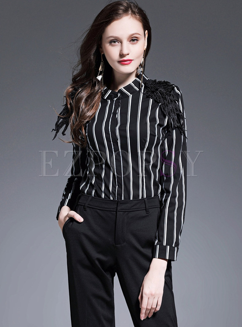 Brief Striped Patchwork Stand Collar Blouse