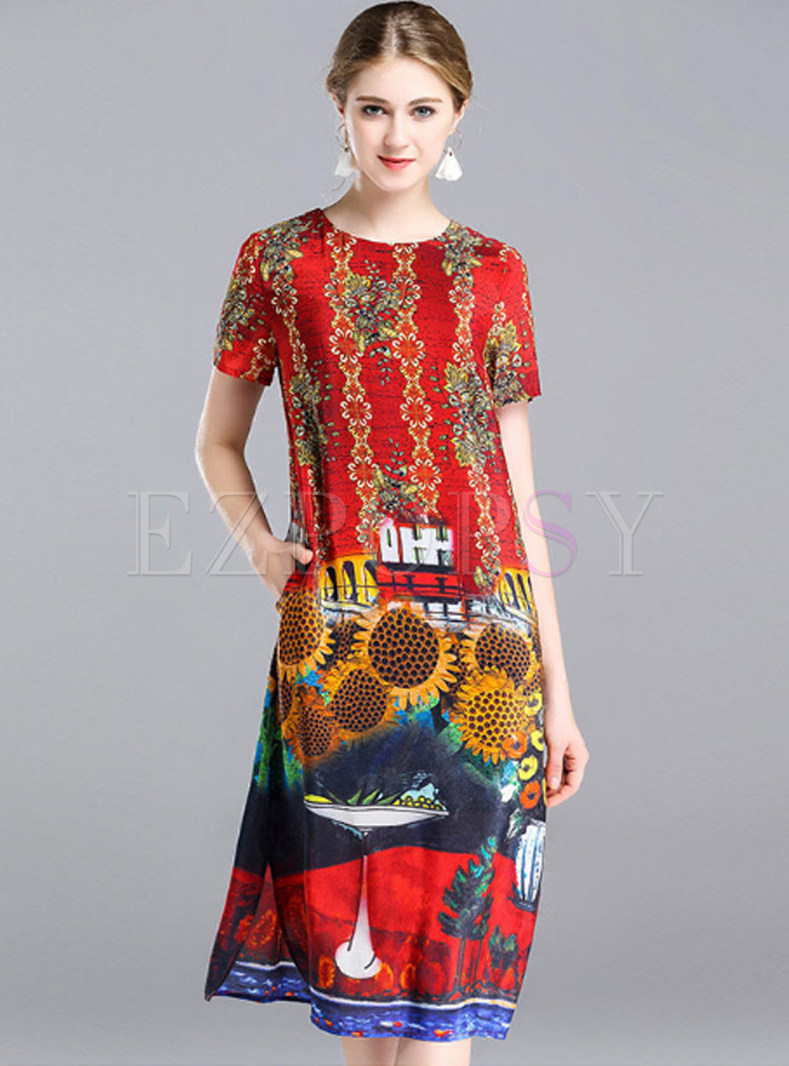 Causal Fashion Print Short Sleeve Silk Shift Dress