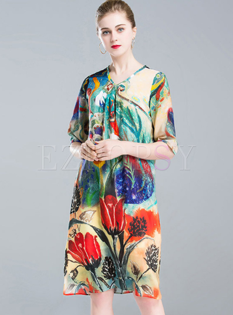 Flower Print V-neck Half Sleeve Shift Dress