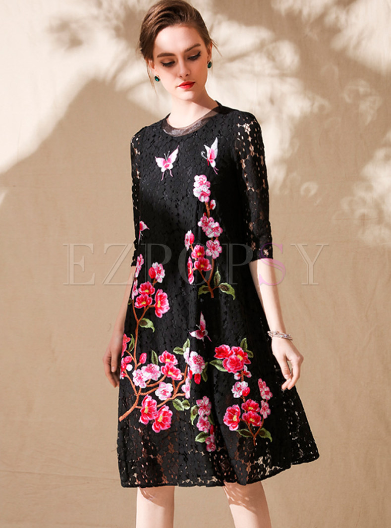 black flower embroidered dress