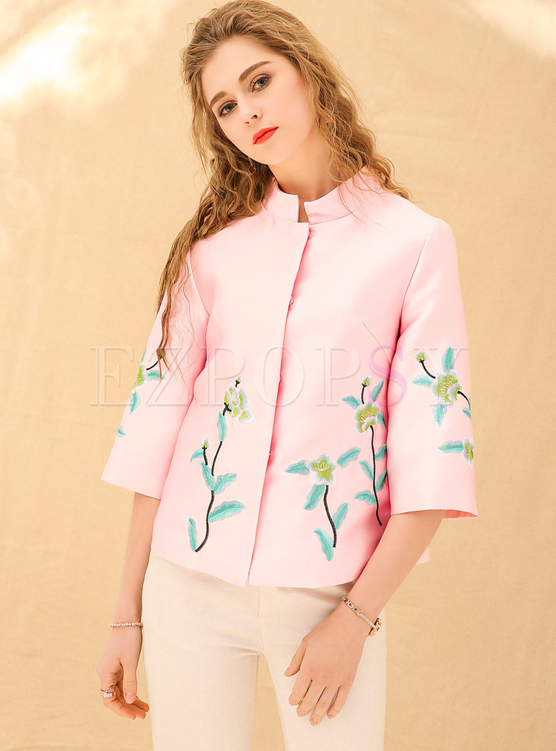 Pink Ethnic Three Quarters Sleeve Embroidered Coat