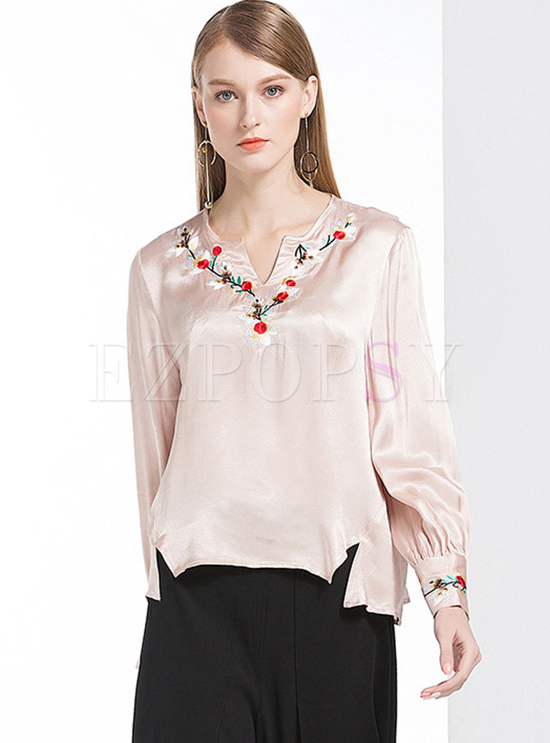 Tops | Blouses | Light Pink Flower Embroidered Long Sleeve Blouse