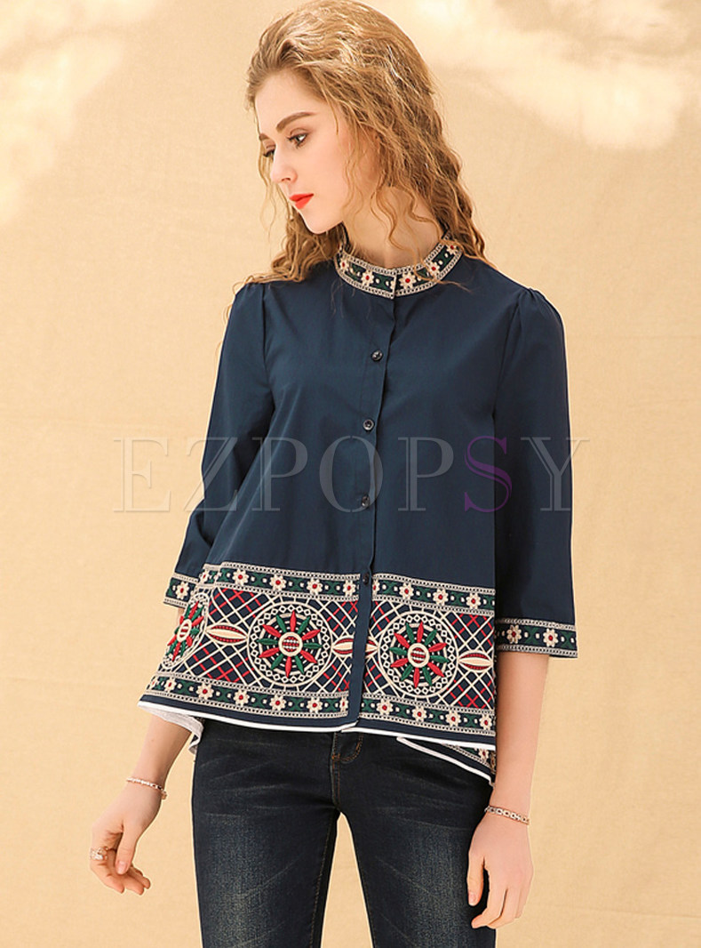 Ethnic Embroidered Stand Collar Blouse