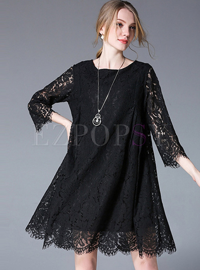 Black Lace Loose Pleated Shift Dress