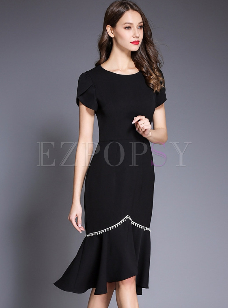 Dresses | Bodycon Dresses | Black Pearl Decoration Short Sleeve Mermaid ...