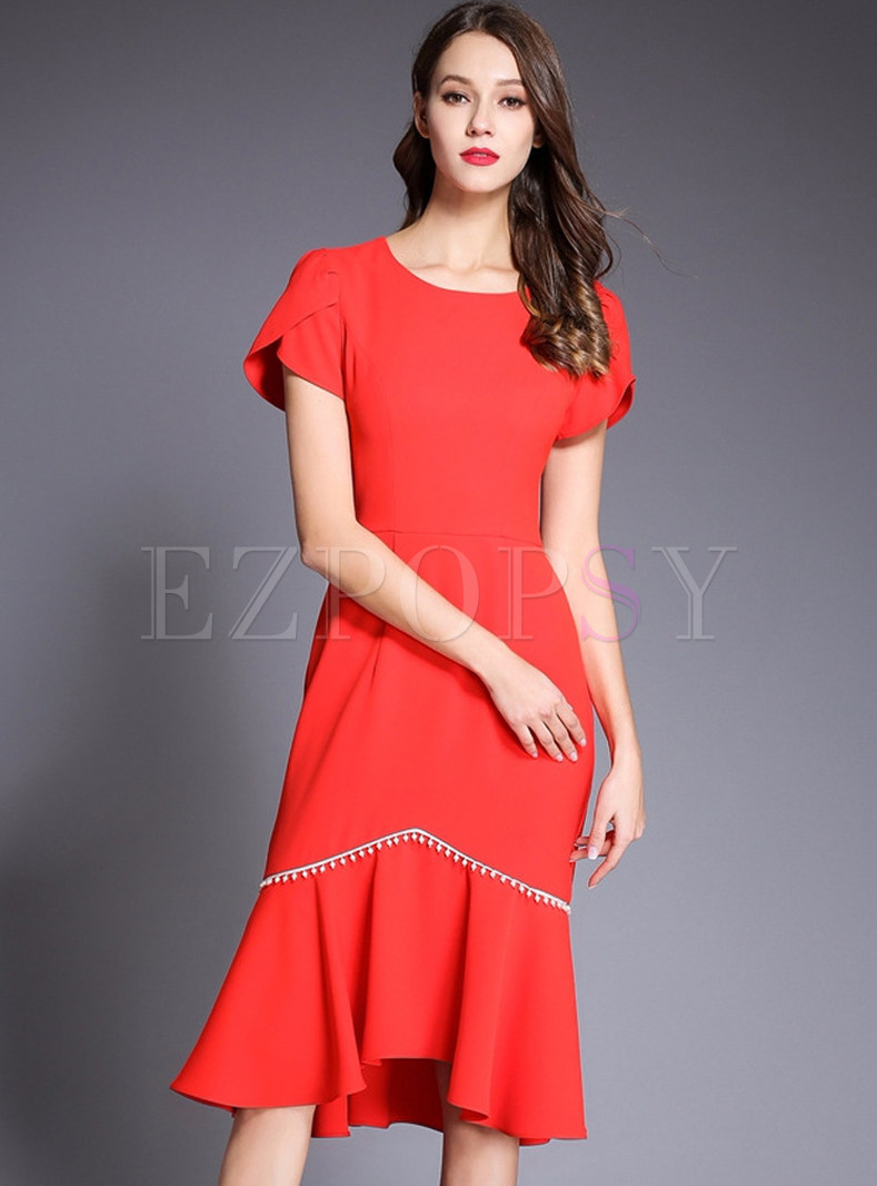 Red Short Sleeve Asymmetric Mermaid Dress