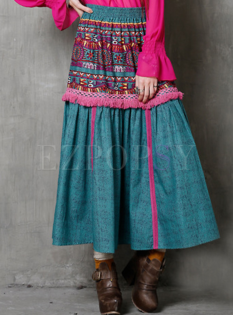 Ethnic Split Tassel Print Skirt