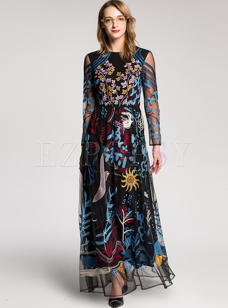 Dresses | Maxi Dresses | Mesh Flower Embroidered Big Hem Maxi Dress
