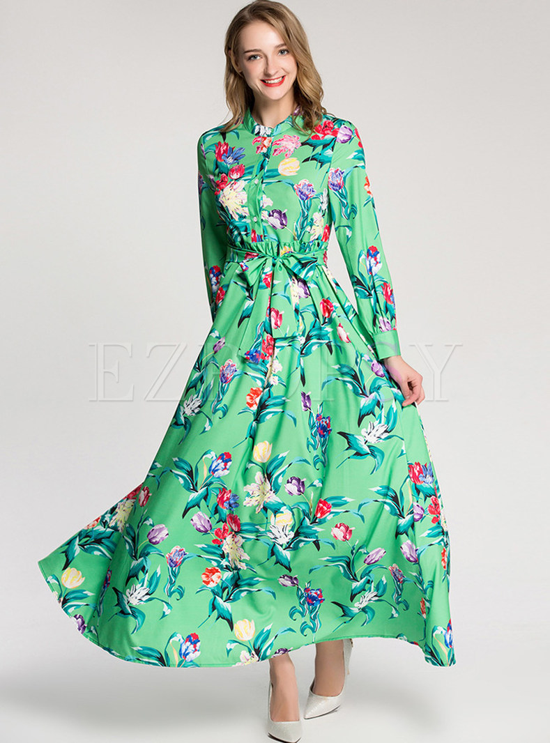 Green Floral Print Big Hem Maxi Dress