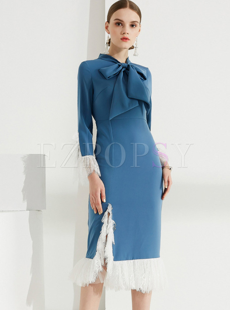 Elegant Lace Splicing Slit Bodycon Dress
