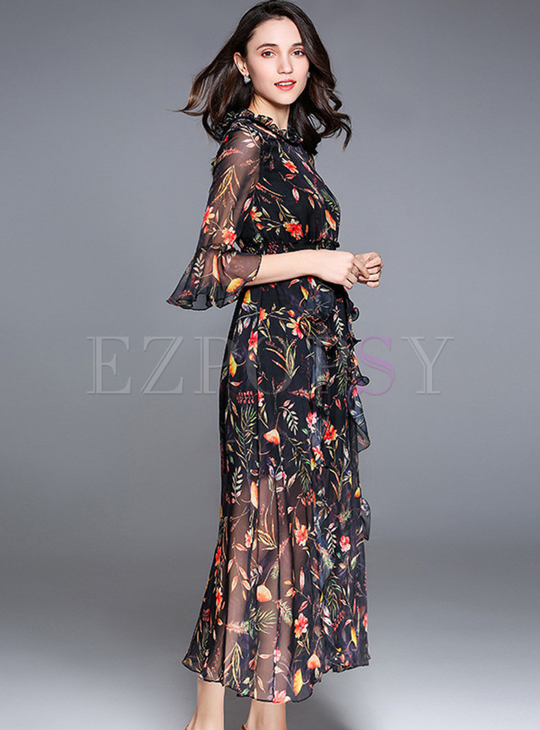 Dresses | Maxi Dresses | Chiffon Floral Print Flare Sleeve Maxi Dress