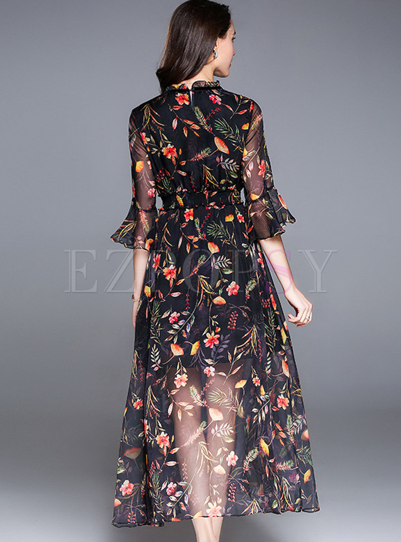 Dresses | Maxi Dresses | Chiffon Floral Print Flare Sleeve Maxi Dress