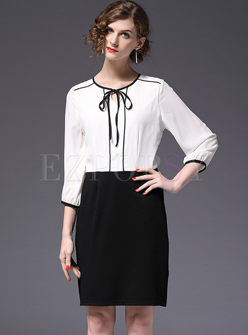 Brief Contrast Color Stitching Lacing Chiffon Dress