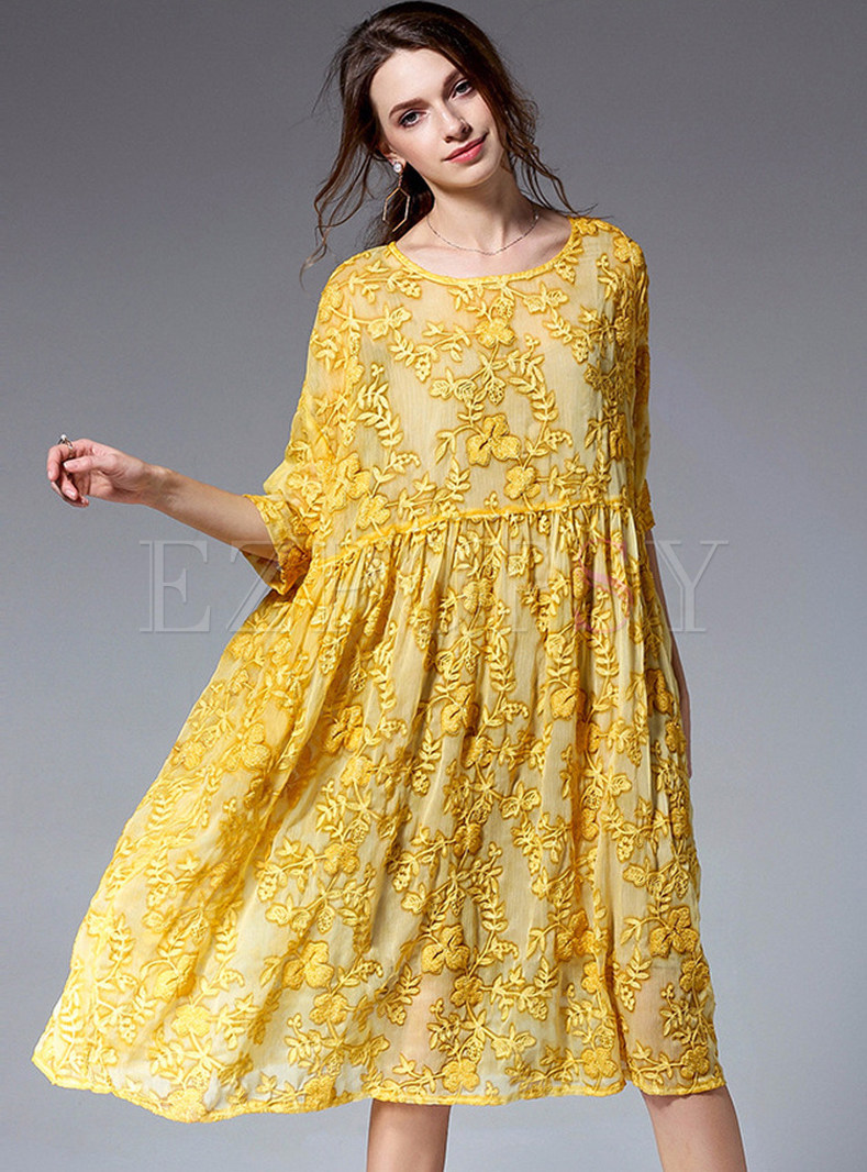 Dresses | Shift Dresses | Yellow Loose Embroidered Shift Dress