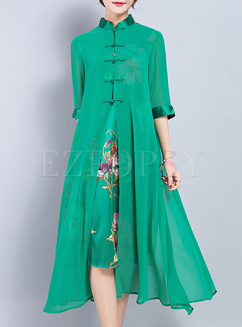 Ethnic Stand Collar Embroidery Shift Dress