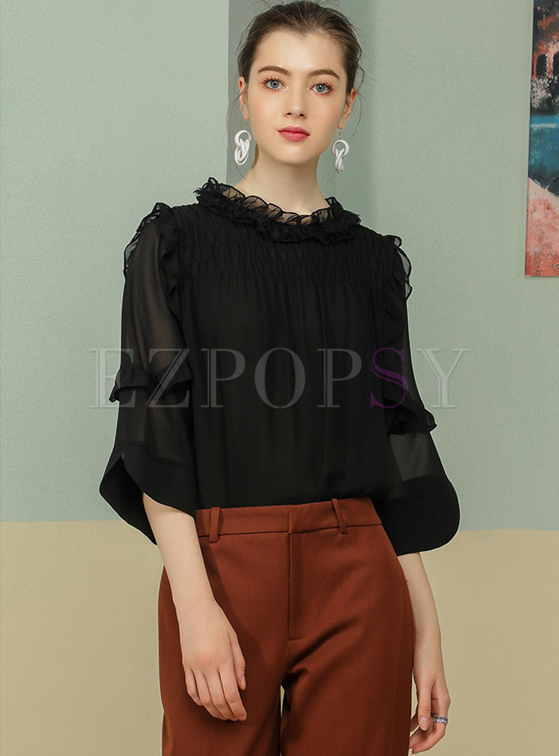 Black Flare Sleeve Perspective Blouse