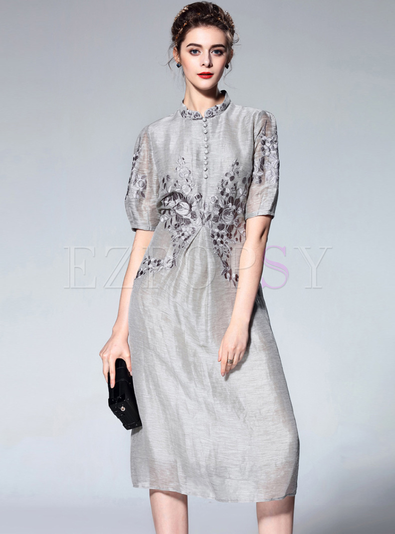 Grey Vintage Embroidery Stand Collar Shift Dress
